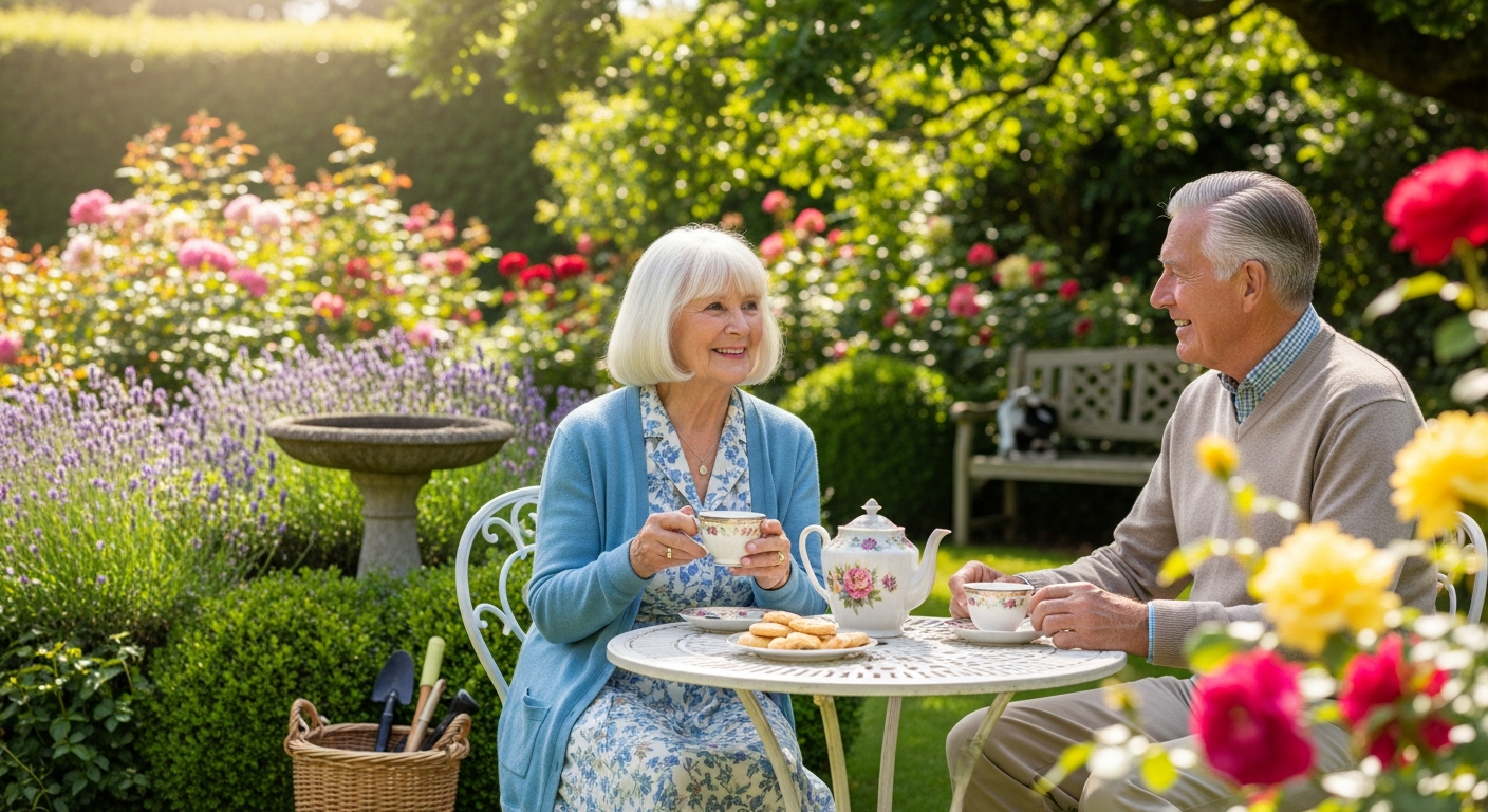Elderly couple relaxing in garden